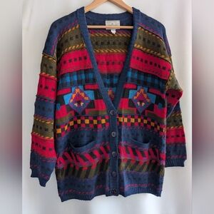 Vintage Millma Alpaca Multicolor Knit V-Neck Buttoned Long Cardigan Sweater - L